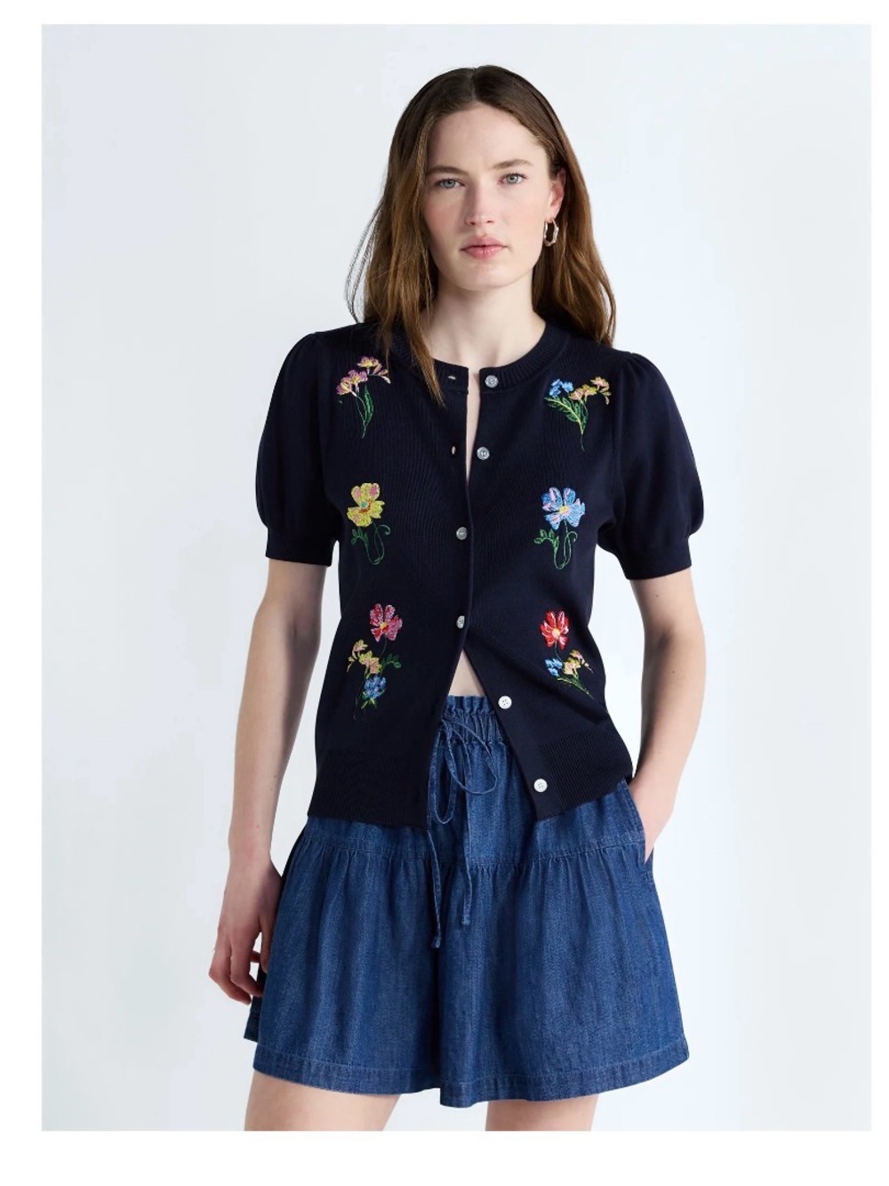 Free Assembly Women’s Embroidered Cardigan Sweater with Short Sleeves